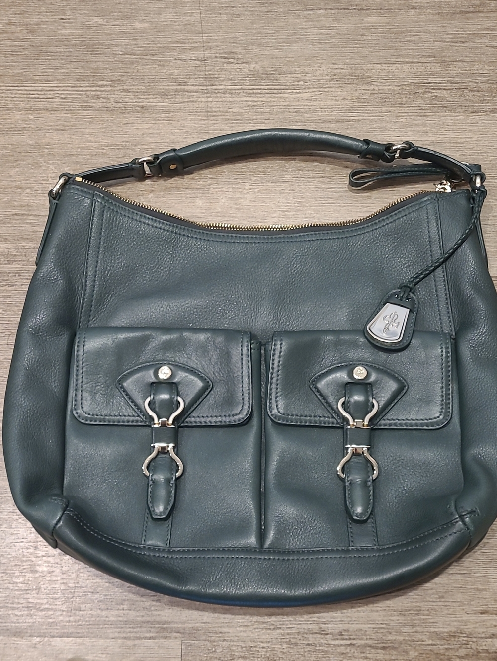 Cole Haan Dark Teal/Green Leather Shoulder Bag with Dual Front Buckets